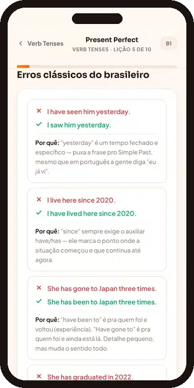 Tela de um tópico de gramática com a seção Erros clássicos do brasileiro